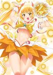  bike_shorts blonde_hair bow cameltoe choker cure_sunshine hair_ribbon heart heartcatch_precure! highres instrument long_hair magical_girl midriff myoudouin_itsuki orange_bow orange_choker orange_skirt precure ribbon shiny_tambourine shorts shorts_under_skirt skirt smile solo suzume_inui tambourine twintails very_long_hair yellow yellow_background yellow_bow yellow_eyes 