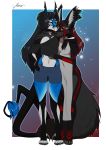  2020 4_toes 5_fingers absurd_res amur anthro black_nose blue_eyes breasts canid canine clothed clothing digital_media_(artwork) duo eyebrows eyelashes featureless_breasts female fingers hair hi_res horn hybrid mammal midriff navel red_hair toes 