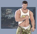  1boy abs absurdres bara beach_print beard_stubble belt blue_eyes briefs brown_hair chest_hair commentary cowboy_shot english_commentary facial_hair grabbing_own_shirt grand_theft_auto grand_theft_auto_vi green_shorts highres jason_duval jewelry light_smile looking_at_viewer loose_belt male_focus male_underwear motel motor_vehicle muscular muscular_arms muscular_male navel necklace open_fly partially_undressed pickup_truck rondeniro seductive_smile short_hair shorts smile stubble sunset tank_top tree truck underwear very_short_hair white_male_underwear white_tank_top 
