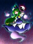  1girl akyuu's_untouched_score blue_dress blue_hat bow commentary_request dark_background dress floating_hair ghost ghost_tail gradient_outline green_eyes green_hair hand_up hat highres holding holding_staff long_hair looking_at_viewer mima_(touhou) nigeasi orb outline shirt smile solo staff star_(symbol) star_print touhou touhou_(pc-98) very_long_hair white_shirt wizard_hat yellow_bow yin_yang yin_yang_orb 