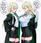  2girls absurdres asymmetrical_docking black_robe black_skirt black_thighhighs blonde_hair breast_contest breast_press breasts collared_shirt colored_eyelashes diagonal-striped_clothes diagonal-striped_necktie dual_persona english_commentary english_text from_side genderswap genderswap_(mtf) green_eyes green_necktie green_robe harry_potter_(series) highres hogwarts_school_uniform large_breasts long_hair malfoid miniskirt multiple_girls necktie open_mouth pleated_skirt qiandaiyiyu robe school_uniform shirt shirt_tucked_in simple_background skirt small_breasts striped_clothes striped_necktie tented_shirt thighhighs two-sided_fabric two-sided_robe white_background white_shirt wizarding_world zettai_ryouiki 