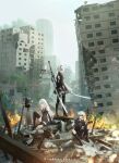  1boy 2b_(nier:automata) 2girls 9s_(nier:automata) a2_(nier:automata) absurdres android arm_on_knee arm_support back_cutout black_boots black_choker black_coat black_dress black_gloves black_hairband black_thighhighs blindfold blue_eyes bob_cut boots building buttons car choker closed_mouth clothing_cutout coat commentary copyright_name covered_eyes cruel_oath day double-breasted dress drone elbow_gloves embers facing_viewer feather-trimmed_sleeves feather_trim fire floating_embers gloves greatsword grey_sky hair_over_one_eye hairband high_heel_boots high_heels highres holding holding_sword holding_weapon huge_weapon katana long_hair long_sidelocks long_sleeves looking_at_viewer mole mole_under_mouth motor_vehicle multiple_girls nier:automata nier_(series) no_blindfold one_eye_covered ootachi outdoors parted_bangs pendant_choker planted planted_sword pod_(nier:automata) puffy_long_sleeves puffy_sleeves rebar robot rubble ruins satellite_dish shiyoi short_hair sidelocks sitting skin_seams sky smoke standing steel_beam sword sword_on_back thigh_boots thighhighs thighhighs_under_boots tree two-handed_sword type-4o_sword unmanned_aerial_vehicle virtuous_contract virtuous_treaty weapon weapon_between_legs weapon_on_back white_hair wreckage 