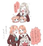  3girls :< :d age_progression aged_up anger_vein aqua_eyes aqua_neckerchief blush_stickers brown_dress ceras_yanagida_lilienfeld closed_eyes closed_mouth colored_speech_bubble dot_mouth dress frown grey_hair hair_ornament hair_ribbon hasu_no_sora_school_uniform headpat height_difference highres hinoshita_futaba hinoshita_minori long_sleeves love_live! love_live!_hasu_no_sora_jogakuin_school_idol_club medium_hair moso_(expect66) multiple_girls neckerchief open_mouth orange_hair pink_ribbon profile rabbit_hair_ornament red_shirt ribbon sailor_collar sailor_dress school_uniform shirt siblings sideways_mouth simple_background sisters smile speech_bubble translation_request twins two_side_up v-shaped_eyebrows virtual_youtuber white_background white_sailor_collar winter_uniform 