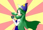  1girl akyuu's_untouched_score blue_dress commentary_request dress floating_hair green_eyes green_hair handheld_game_console hat holding holding_handheld_game_console long_hair looking_at_viewer mima_(touhou) nigeasi nintendo_ds shirt smile solo star_(symbol) star_print sunburst sunburst_background touhou touhou_(pc-98) two-tone_background white_shirt wizard_hat 