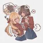  2girls animalization averting_eyes black_hair blazer blonde_hair blue_eyes blue_skirt blush bob_cut bow brown_eyes chinese_commentary claire_francois commentary_request cropped_legs dog drawn_ears drawn_tail drill_hair flying_sweatdrops grimace hair_bow half_updo hand_on_another's_back heart holding_hands interlocked_fingers jacket long_hair looking_to_the_side multiple_girls open_mouth person_and_animalization rae_taylor red_bow red_jacket school_uniform short_hair skirt smile sound_effects spoken_heart spoken_squiggle squiggle turning_head twitter_username watashi_no_oshi_wa_akuyaku_reijou xufi2468 yuri 