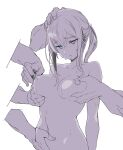  1girl ar-57_(girls'_frontline) batta_16-sei blush breasts character_doll doll earrings girls'_frontline green_eyes groping hand_on_another's_head highres jewelry long_hair nipple_piercing nipple_stimulation nipple_tweak nude piercing saliva simple_background twintails 