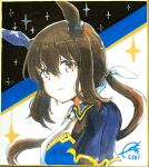  1girl admire_vega_(starry_nocturne)_(umamusume) admire_vega_(umamusume) animal_ears blue_dress border bow brown_hair comiket_105 commentary_request dress hair_between_eyes hair_bow highres horse_ears horse_girl long_hair looking_at_viewer necktie ponpochi ponytail shikishi signature solo traditional_media umamusume upper_body white_border white_necktie 