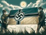  2boys ar-15 artist_name assault_rifle azov_battalion bandana bandana_over_mouth beard_stubble black_bandana black_sun_(symbol) blonde_hair blue_eyes blue_sky bolt_action brown_jacket brown_pants camouflage camouflage_hat cargo_pants cloud cloudy_sky daniel_defense_ddm4 derivative_work eschatonicism facial_hair feet_out_of_frame flag flag_patch gloves goggles goggles_on_headwear grass gun gun_sling hat holding holding_flag jacket knee_pads multiple_boys nazi original outdoors pants patch patch_on_headwear real_life remington_model_700 rifle russo-ukrainian_war signature skull_print sky sniper_rifle soldier stubble sun sunglasses swastika tactical_gloves tryzub ukrainian_flag ukrainian_ground_forces unit_patch weapon 
