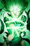  1girl absurdres aura commentary dress english_commentary floating_hair glowing glowing_eyes green_aura green_dress green_hair highres looking_at_viewer one-punch_man pedrozox2093 solo tatsumaki third_eye torn_clothes torn_dress 