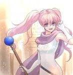  1537snow 1girl breasts commentary_request dress fire_emblem fire_emblem:_the_blazing_blade gloves holding holding_staff looking_at_viewer open_mouth pink_hair purple_eyes purple_scarf scarf serra_(fire_emblem) small_breasts smile solo staff twintails upper_body white_dress white_gloves 