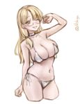  1girl absurdres bikini blonde_hair breasts choker cleavage commentary_request cowboy_shot cropped_legs dated_commentary glasses highres kantai_collection large_breasts lilshigu long_hair northampton_(kancolle) one-hour_drawing_challenge one_eye_closed side-tie_bikini_bottom simple_background solo swimsuit twitter_username white_bikini white_choker yellow_eyes 