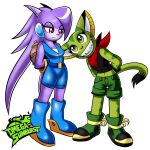 1:1 alpha_channel anthro aquatic aquatic_dragon black_clothing black_nose black_shirt black_topwear blue_boots blue_bottomwear blue_clothing blue_footwear blue_shorts boots bottomwear carol_tea clothing dragon duo eyelashes felid feline felis female footwear freedom_planet fur galaxytrail green_body green_bottomwear green_clothing green_eyes green_fur green_shorts hair hands_behind_back horn mammal mythological_creature mythological_scalie mythology omegasunburst pink_eyes purple_hair red_scarf sash_lilac scalie scarf sharp_teeth shirt shoes shorts simple_background sleeveless_shirt sleeveless_topwear smile teeth topwear transparent_background wildcat