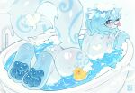 2026 3_toes anthro bath bathing bathtub blep blue_body blue_eyes blue_fur blue_hair blue_pawpads blush bubble butt canid canine colored digital_drawing_(artwork) digital_media_(artwork) feet female fox fur hair hi_res looking_at_viewer looking_back looking_back_at_viewer mammal markings nude nude_anthro partially_submerged pawpads paws rubber_duck shaded smile soap solo tail toes tongue tongue_out vicc4an water wet