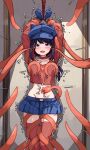  1girl arms_up bakasp-lilzy blue_gloves blue_hat blue_skirt blush bound bound_arms bound_wrists breasts cappie_(miside) choker clenched_hand commentary crop_top cuffs english_commentary feet_out_of_frame gloves hair_between_eyes hat heart highres indoors large_variant_set licking licking_navel long_hair long_sleeves looking_at_viewer medium_breasts midriff miniskirt miside mita_(miside) motion_lines navel navel_stimulation newsboy_cap no_panties open_mouth pleated_skirt purple_eyes purple_hair red_choker red_shirt red_thighhighs restrained restraints rope shadow shirt sidelocks skirt smile solo standing stationary_restraints stomach tentacles thighhighs thighs tickle_torture tickling tickling_legs tickling_navel tickling_nipples tongue tongue_out trembling variant_set wrist_cuffs 