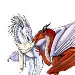 1:1 2019 ambiguous_gender claws crossover crystalrime dragon duo european_mythology eyes_closed facial_horn fan_character feral hi_res horn icewing_(wof) mostly_nude mythological_creature mythological_scalie mythology nose_horn open_mouth open_smile scales scalie scarf scarf_only sharp_teeth simple_background skywing_(wof) smile teeth using_wings western_dragon white_background wing_hug wings wings_of_fire