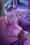 1_horn 2017 accessory anthro bench bow_ribbon breasts cleavage clothed clothing digital_media_(artwork) dress equid equine eyewear female female_anthro glasses glowing glowing_eyes hair hair_accessory hair_bow hair_ribbon hakkids2 horn jewelry legwear long_hair looking_at_viewer mammal mythological_creature mythological_equine mythology necklace night open_mouth outside park park_bench plant red_eyes ribbons sitting solo topwear tree unicorn unicorn_horn