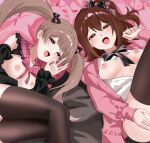  2girls :d black_bow blush bow breasts brown_eyes brown_hair brown_thighhighs fellatio_gesture hair_bow hakozaki_serika hakozaki_serika_(everyone_is_special) half-closed_eyes heart heart-shaped_pupils highres idolmaster idolmaster_million_live! idolmaster_million_live!_theater_days kamen_per kasuga_mirai long_hair looking_at_viewer lying medium_breasts multiple_girls nipples official_alternate_costume on_back one_side_up open_clothes open_mouth open_shirt pink_sailor_collar pink_shirt plaid_clothes plaid_sailor_collar sailor_collar shirt short_hair smile symbol-shaped_pupils thighhighs twintails 