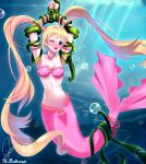  1girl absurdres armlet armpits arms_up blonde_hair blue_eyes blush bound bound_wrists breasts cleavage collarbone commentary earrings english_commentary hair_between_eyes hair_ornament highres hitokiri_battousai jewelry long_hair looking_at_viewer medium_breasts merfolk mermaid mermaid_melody_pichi_pichi_pitch monster_girl nanami_lucia nanami_lucia_(mermaid) navel necklace one_eye_closed open_mouth seaweed shell shell_earrings shell_necklace solo stomach twintails underwater 