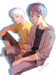  2boys arm_on_knee black_shirt black_shorts closed_mouth commentary_request grin highres hikaru_ga_shinda_natsu hood hood_down hooded_jacket indou_hikaru invisible_chair jacket knee_up male_focus mokumokuren_(mokmok_len) mole mole_on_cheek mole_under_eye mole_under_mouth multiple_boys multiple_moles official_art pants scar scar_on_arm shirt short_hair shorts signature simple_background sitting slit_pupils smile t-shirt tsujinaka_yoshiki white_background white_hair yellow_shirt 