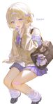  1girl :d bag bandaid bandaid_on_knee bandaid_on_leg black_bag black_shoes blonde_hair blush bow bowtie center-flap_bangs collared_shirt commentary full_body hand_in_own_hair highres hololive jacket loose_socks misa_(misonyeo_s2) multicolored_hair open_mouth pleated_skirt purple_bow purple_bowtie purple_eyes purple_skirt shirt shoes short_hair shoulder_bag simple_background skirt smile socks solo streaked_hair teeth todoroki_hajime untranslatable_commentary upper_teeth_only virtual_youtuber white_background white_shirt white_socks yellow_jacket 