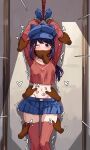  1girl arms_up bakasp-lilzy blue_gloves blue_hat blue_skirt blush bound bound_arms bound_wrists breasts cappie_(miside) choker clenched_hand commentary crop_top cuffs english_commentary feet_out_of_frame gloves hair_between_eyes hat heart highres indoors large_variant_set long_hair long_sleeves looking_at_viewer medium_breasts midriff miniskirt miside mita_(miside) motion_lines navel newsboy_cap no_panties one_eye_closed pleated_skirt pov pov_hands purple_eyes purple_hair red_choker red_shirt red_thighhighs restrained restraints rope shadow shirt sidelocks skirt solo standing stationary_restraints stomach thighhighs thighs tickle_torture tickling tickling_legs tickling_sides tickling_stomach trembling variant_set wrist_cuffs 