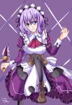  1girl anne_sophia apron artist_name ascot black_pantyhose blue_gem boots breasts brooch brown_boots brown_corset closed_mouth combat_knife commentary_request corset cowboy_shot double-parted_bangs dress eiyuu_densetsu frilled_dress frills gem green_eyes hair_between_eyes hand_up head_tilt highres holding holding_knife holding_weapon jewelry juliet_sleeves knife lace-up_boots large_breasts leather leather_boots leg_up long_sleeves looking_at_viewer maid maid_headdress medium_dress medium_hair pantyhose puffy_sleeves purple_background purple_dress purple_hair red_ascot reverse_grip sen_no_kiseki_(series) sen_no_kiseki_i sharon_kreuger signature simple_background smile solo weapon white_apron 