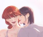  2girls bite_mark bite_mark_on_shoulder bra_strap braid closed_eyes commentary_request grey_background grey_shirt hickey highres korean_commentary lara_(sayonara_lara) long_hair multiple_girls ootsu_mari open_mouth pa_song_song_2 red_hair sayonara_lara shirt simple_background single_braid smile yuri 