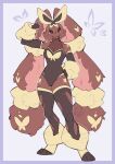 absurd_res accessory anthro bodysuit breasts brown_body brown_fur butterfly_(accessory) chocobun clothed clothing female female_anthro flexing flexing_bicep fur generation_6_pokemon gloves hair_accessory hairband handwear heart_(marking) hi_res lagomorph legwear long_ears looking_at_viewer mammal markings medium_breasts mega_evolution mega_lopunny nintendo peachmayflower pokemon pokemon_(species) red_eyes simple_background skinsuit smile solo stockings tight_clothing torn_clothing torn_legwear torn_stockings