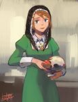  1girl apple black_veil blue_eyes brown_hair christ-chan christianity collar cross cross_necklace dress food fruit green_dress hair_ornament hairclip jewelry kanokoga long_dress mantilla necklace original raised_eyebrow skull smile solo veil white_collar white_sleeves 