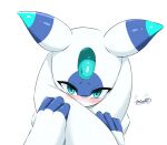 ambiguous_gender blue_body blue_eyes blush blush_lines emixxart eyelashes forehead_gem front_view gem hi_res horn humanoid looking_at_viewer lunaris_(pal) multicolored_body pal_(species) palworld pocketpair simple_background solo timid white_background white_body