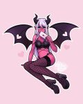  1girl arm_support bat_wings black_thighhighs blue_eyes breasts colored_skin commentary covering_own_mouth demon_girl demon_horns english_commentary envelope fishnet_thighhighs fishnets full_body heart high_heels highres holding holding_envelope horns long_hair merimahou original pink_background pointy_ears red_skin solo thighhighs white_hair wings 