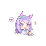  +_+ 1girl :d animal_ears bow chibi chibi_only commentary ear_bow food green_bow heart horse_ears horse_girl long_hair long_sleeves mejiro_mcqueen_(casual)_(umamusume) mejiro_mcqueen_(umamusume) moko_(mokochisa) open_mouth plate pudding purple_eyes simple_background smile solo spoken_heart umamusume untranslatable_commentary white_background 