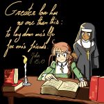  2girls bible_(object) bible_verse black_background black_dress black_eyes black_skin book braid braided_ponytail brown_hair candlelight chair christ-chan christianity collar colored_skin cross cross_necklace dark_skin drawfag dress fire green_dress hair_ornament hairclip hand_on_book hand_on_chair hand_on_table jewelry long_dress long_sleeves multiple_girls necklace night non-web_source nun nun_headdress on_chair original reading sitting standing table traditional_nun veil white_collar white_skin white_sleeves wooden_table 