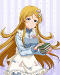  1girl apron blonde_hair blue_eyes blue_jacket book breasts card_commentary closed_mouth commentary_request cowboy_shot game_asset hair_ornament heart heart_hair_ornament holding holding_book idolmaster idolmaster_million_live! idolmaster_million_live!_theater_days jacket jersey_maid jersey_maid_girl_(idolmaster) long_hair long_sleeves maid official_alternate_costume official_art shinomiya_karen solo standing third-party_source track_jacket unconventional_maid very_long_hair white_apron 