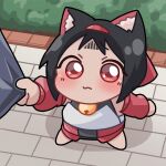  1girl animal_ears bell black_hair blush cat_ears cat_girl chibi chibi_only closed_mouth commentary_request facial_mark forehead_mark hairband highres korean_commentary looking_at_viewer neck_bell nekomiya_mana pleading_eyes red_eyes red_hairband rogue_dojeog solo zenless_zone_zero 