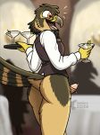 absurd_res alcohol anthro anus aplomado_falcon avian bartender beverage bird bodily_fluids bottomless bottomless_male bow_tie butt caleb_(fish_birb) clothed clothing cocktail cocktail_glass collared_shirt container cup dress_shirt drinking_glass dripping erection falcon falconid fish_birb food fruit genital_fluids genitals glass glass_container glass_cup hi_res holding_glass holding_object leaking_precum male name_tag olive_(fruit) orange_body penis plant precum precum_drip shirt solo topwear vest waiter waiter_suit waiter_tray