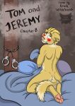 absurd_res anthro artist_logo artist_name blonde_hair blush border_collie brown_eyes butt canid canine canis collie comic cover cover_art cover_page cuff_(restraint) domestic_dog english_text fluffy fluffy_tail fur grabbing_sheets hair handcuffs herding_dog hi_res jeremy_(kriek_wildebeest) kriek_wildebeest logo looking_at_viewer looking_back looking_back_at_viewer male mammal metal_cuffs nervous nervous_smile nude pastoral_dog pawpads rear_view restraints sheepdog solo tail text watermark yellow_body yellow_fur