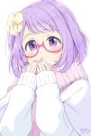  1girl aikatsu!_(series) aikatsu_stars! breath commentary_request covered_mouth flower glasses hair_flower hair_ornament hands_up long_sleeves looking_at_viewer nanakura_koharu pink-framed_eyewear pink_scarf purple_eyes purple_hair scarf semi-rimless_eyewear short_hair simple_background solo sweater under-rim_eyewear upper_body wara_(warapro) warming_hands white_background white_sweater 