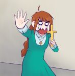  1girl braid braided_ponytail christ-chan christianity collar cross cross_necklace crucifix crying drawfag dress exorcism green_dress hair_ornament hairclip hand_up jewelry long_dress necklace non-web_source original scared screaming solo trembling white_collar white_eyes white_sleeves 