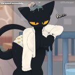 1:1 2026 anthro artist_name bent_over big_breasts black_body black_claws black_eyes black_finger_claws black_fur bottomwear breasts butt_tuft catnip claws clothed clothing digital_media_(artwork) domestic_cat drugs english_text felid feline felis female female_anthro finger_claws fingers front_view fur hanging_breasts hi_res inside looking_at_viewer mammal object_on_head open_clothing open_topwear panties partially_clothed partially_clothed_anthro partially_clothed_female pattern_bottomwear pattern_clothing pattern_panties pattern_underwear phosenpai purring solo standing tail tail_tuft text topwear tuft underwear white_clothing white_panties white_topwear white_underwear yellow_sclera