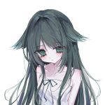  1girl arms_behind_back bare_shoulders black_ribbon blush breasts chest_ribbon collarbone commentary dress empty_eyes expressionless eyelashes green_eyes green_hair hair_flaps hair_intakes highres long_hair loose_hair_strand miyami164188 pale_skin parted_lips ribbon saya_(saya_no_uta) saya_no_uta simple_background sleeveless sleeveless_dress small_breasts solo sundress upper_body very_long_hair white_background white_dress 