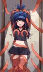  1girl arms_up bakasp-lilzy black_shirt black_skirt blue_gloves blue_hat blush bound bound_arms bound_wrists breasts cappie_(miside) choker clenched_hand closed_eyes commentary crop_top cuffs english_commentary feet_out_of_frame gloves hair_between_eyes hat highres indoors large_variant_set long_hair long_sleeves medium_breasts midriff miniskirt miside mita_(miside) motion_lines navel neckerchief newsboy_cap no_panties open_mouth pleated_skirt purple_hair red_choker red_neckerchief red_thighhighs restrained restraints rope shadow shirt sidelocks skirt smile solo standing stationary_restraints stomach tentacles thighhighs thighs tickle_torture tickling tickling_legs tickling_nipples tongue tongue_out trembling variant_set wrist_cuffs 