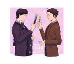  ! 2boys black_bow black_bowtie black_coat bow bowtie brown_coat brown_hair character_name closed_mouth coat collared_shirt cropped_legs doctor_who dual_persona eleventh_doctor_(doctor_who) gin64 grin highres holding long_sleeves male_focus multiple_boys polka_dot polka_dot_bow polka_dot_bowtie shirt smile sonic_screwdriver sparkle sparkling_aura tenth_doctor_(doctor_who) the_doctor_(doctor_who) 