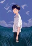  1boy belt blue_eyes blue_sky closed_mouth cloud commentary_request dress_shirt from_side grass headphones highres ikari_shinji looking_at_viewer looking_to_the_side male_focus neon_genesis_evangelion sanjiaoo school_uniform shirt shirt_tucked_in sky solo tokyo-3_middle_school_uniform white_shirt 