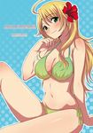  ahoge bikini blonde_hair flower green_bikini hair_flower hair_ornament hibiscus hoshii_miki idolmaster idolmaster_(classic) long_hair navel side-tie_bikini solo swimsuit tokita_arumi 