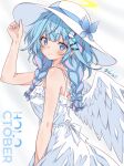 1girl absurdres adjusting_clothes adjusting_headwear angel_wings arm_up artist_name bare_shoulders blue_bow blue_eyes blue_hair blue_nails blunt_bangs bow braid breasts butterfly_hat_ornament closed_mouth commentary cowboy_shot dress english_commentary frilled_dress frills from_side glowing glowing_halo hair_bow hair_ornament hairclip halo hat hat_ornament highres hololive hololive_dev_is light_blush long_hair looking_at_viewer low_twin_braids medium_breasts mizumiya_su multicolored_hair nail_polish parallel_hairclips pink_streaks simple_background smile solo streaked_hair sun_hat sundress traditional_halo twin_braids twitter_username two-tone_hair varliet virtual_youtuber white_background white_dress wings x_hair_ornament 