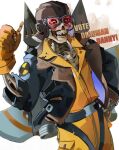  1boy belt black_jacket black_sclera blush character_name colored_sclera commentary cowboy_shot deadlock_(game) deadman_danny_(deadlock) english_commentary english_text facial_hair gloves goggles hand_on_own_hip hand_up helmet highres jacket jetpack jumpsuit looking_at_viewer male_focus mustache one_eye_closed orange_gloves orange_jumpsuit owenwilsonkisser red-tinted_eyewear single_glove skeleton solo teeth thumbs_up tinted_eyewear white_background yellow_eyes 