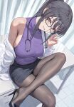  1girl adjusting_eyewear amiki_yuzuru black-framed_eyewear black_hair black_pantyhose black_shoes black_skirt blue_eyes breasts coat commentary_request crossed_legs curtains foot_out_of_frame from_above glasses grin high_heels highres indoors large_breasts leg_up long_hair long_sleeves looking_at_viewer looking_over_eyewear looking_up miniskirt nurse on_table open_clothes open_coat pantyhose pencil_skirt ponytail purple_sweater rectangular_eyewear sakurajima_mai see-through_clothes see-through_pantyhose seishun_buta_yarou shoe_dangle shoes side_slit sideboob sitting skirt sleeveless sleeveless_sweater smile solo stethoscope_around_neck stiletto_heels sweater table tile_floor tiles white_coat 