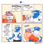>_< 1:1 2024 anthro aquatic artist_name black_bottomwear black_clothing black_sclera blue_body blue_shark_(skykdotidot) blush bottomwear broad_shoulders clothed clothed_anthro clothed_male clothing comic container countershade_face countershade_neck countershade_torso countershading cup dialogue duo emanata empty_eyes english_text eyes_closed fin fingers fish fish_tail flesh_fang front_view gills half-length_portrait hand_in_pocket head_fin hi_res holding_container holding_cup holding_object holding_picture hug hugging_another human line_art male male_anthro male_human mammal motion_lines mouth_closed muscular muscular_anthro muscular_male neck_gills one_page_comic open_mouth open_smile orange_clothing orange_topwear pecs picture_in_picture pockets portrait pupils red_stripes shark shirt side_view simple_background sky_k.i._(character) skykdotidot slit_pupils smile solo speech_bubble star_pupils striped_fin stripes tail tail_motion tailwag tan_background text topwear white_background white_body white_clothing white_countershading white_eyes white_shirt white_topwear