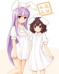  alternate_costume animal_ears blush breasts brown_hair bunny_ears cleavage hat inaba_tewi long_hair medium_breasts mokuyou multiple_girls nurse nurse_cap purple_hair red_eyes reisen_udongein_inaba short_hair skirt_hold smile touhou very_long_hair 